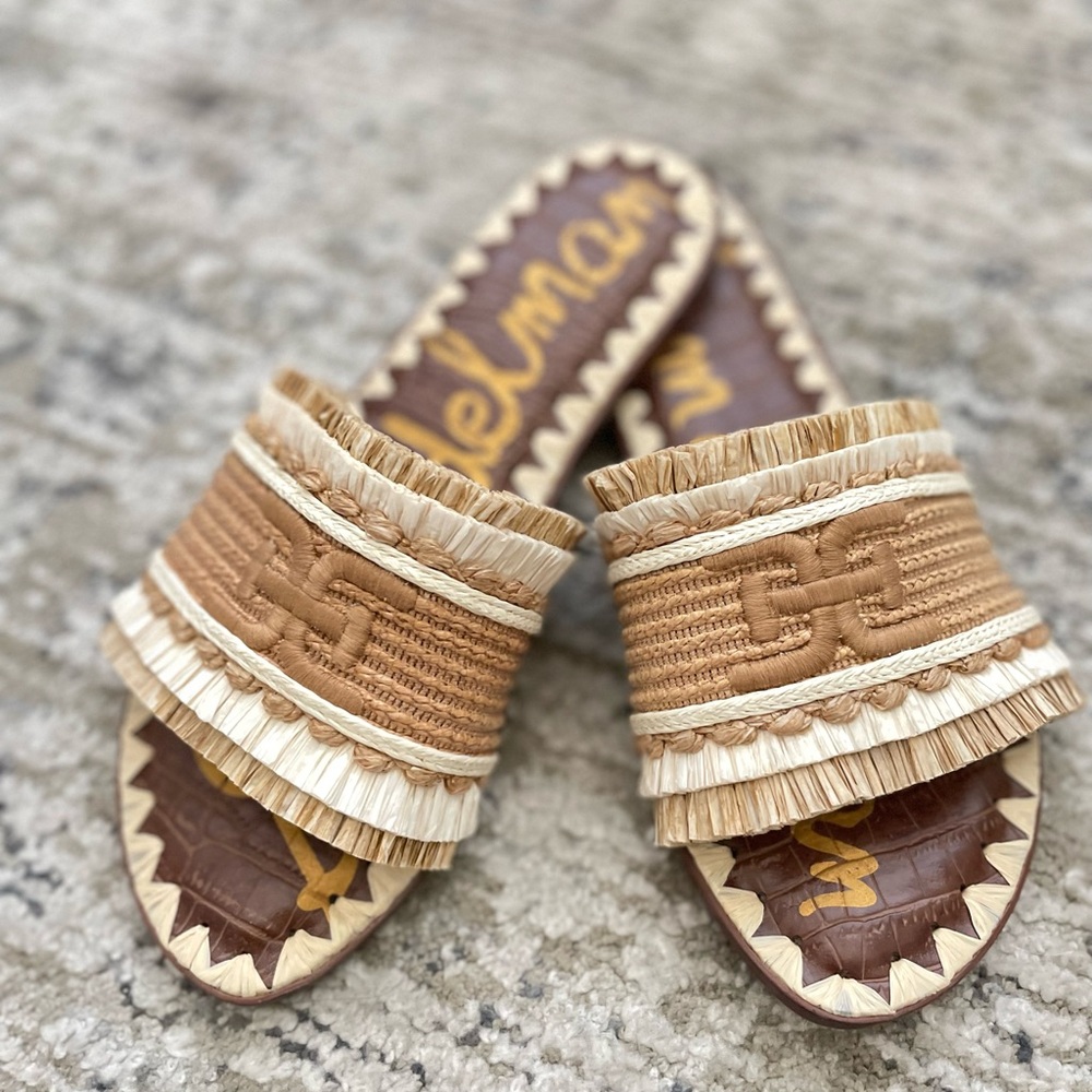 Sam Edelman Georgia Linen Raffia Slide Sandals Fringe Size 6 Boho Backyard BBQ - Picture 3 of 8